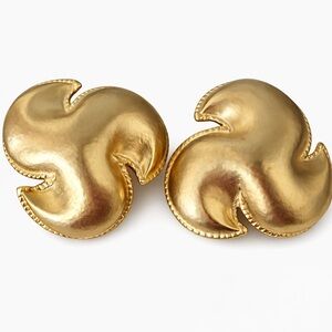 Vintage 1980s Sculptural Gold Tone Statement Earrings Bold Art Jewelry Clip Ons